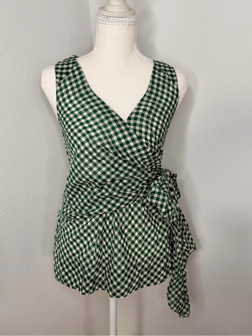 Odille Anthropologie Green and White Gingham Wrap Tie Blouse Size 2